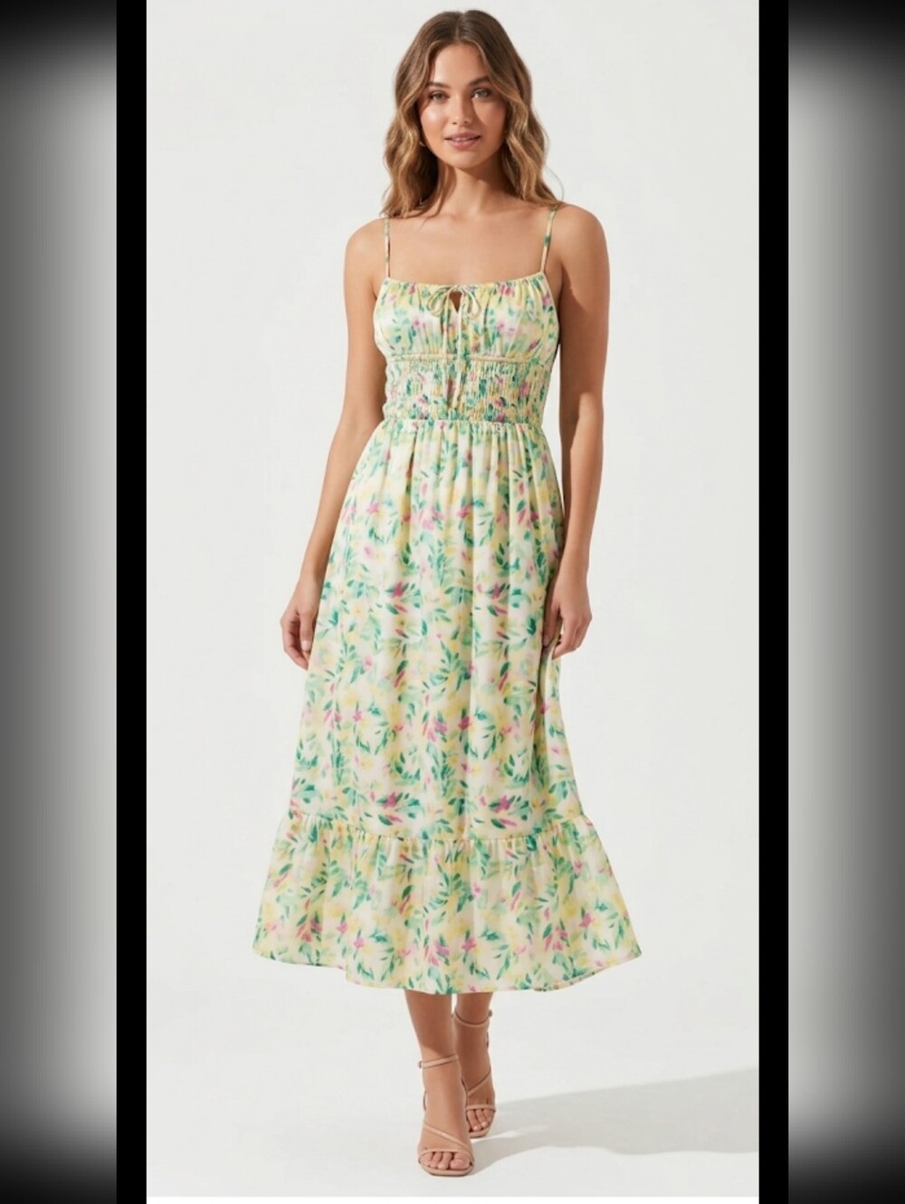 Astr Green/Yellow  and Pink Floral Maxi Dress,Sapaguetri Straps, Size M.
